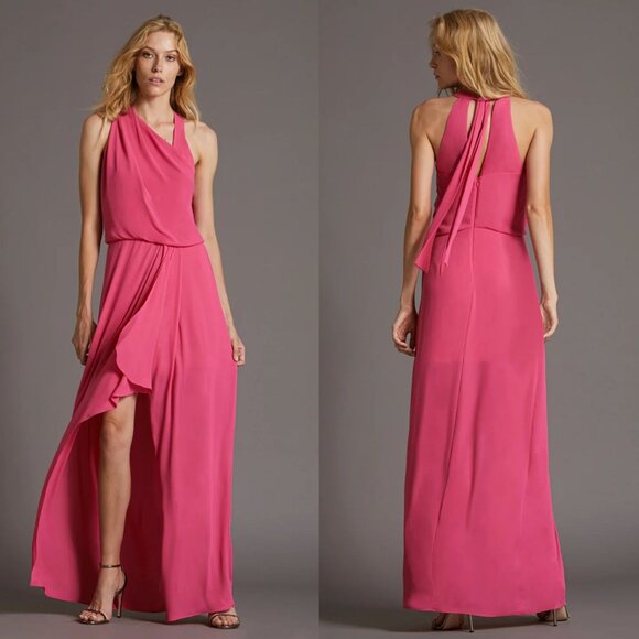 Halston Size 2 Fuchsia Azalea Asymmetric Draped Sleeveless Tie Back Maxi Gown - Picture 1 of 16